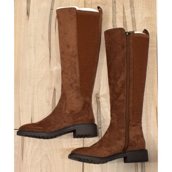 Kenneth Cole Reaction Lionel Tall Stretch Back Panel Boots Caramel Cafe - Picture 4 of 9